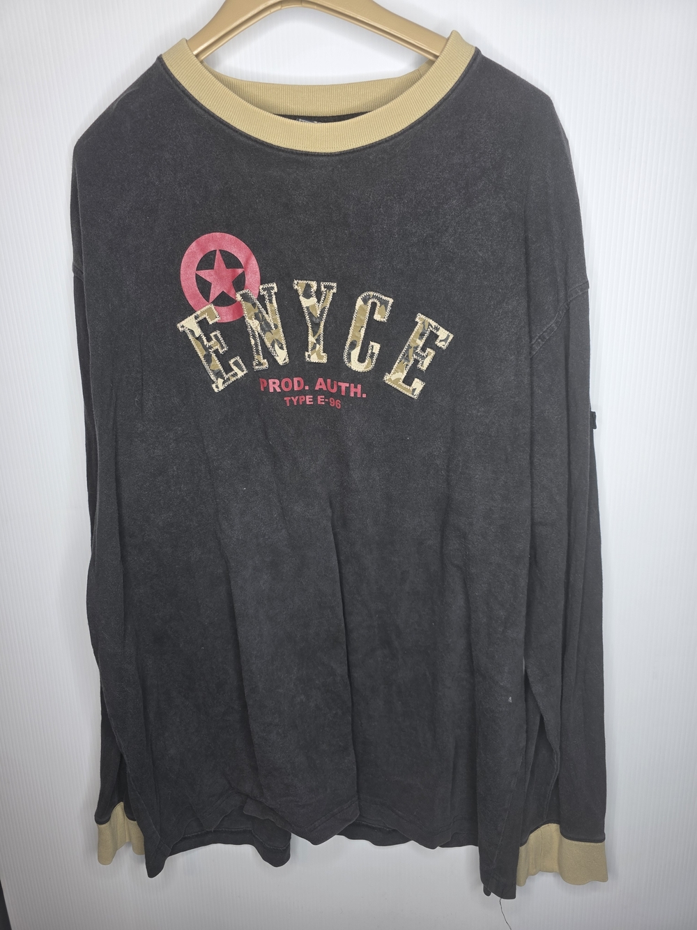 Vintage Enyce Streetwear Camo Spellout Long Sleeve Ringer T-Shirt Size XXXL Y2k